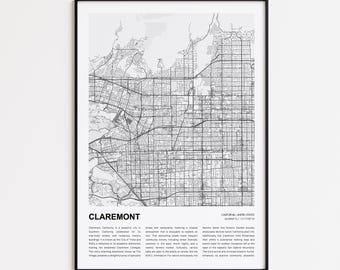 Claremont Map Print, Claremont Travel Map, Claremont Wall Decor Art, Claremont California, Housewarming Gift