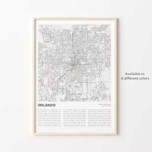 Orlando-kaartafdruk, Orlando-reiskaart, Orlando-muurdecoratiekunst, Orlando Florida, housewarmingcadeau