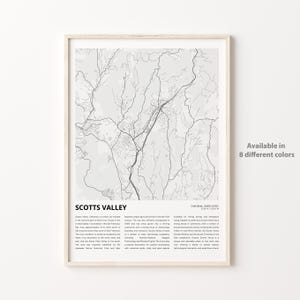 Scotts Valley-kaartafdruk, Scotts Valley-reiskaart, Scotts Valley-muurdecoratiekunst, Scotts Valley, Californië, housewarmingcadeau