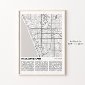 Manhattan Beach-kaartafdruk, Manhattan Beach-reiskaart, Manhattan Beach-muurdecoratiekunst, Manhattan Beach, Californië, housewarmingcadeau