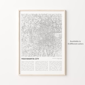 Impresión del mapa de la ciudad de Yogyakarta, mapa de viaje de la ciudad de Yogyakarta, arte de decoración de la pared de la ciudad de Yogyakarta, ciudad de Yogyakarta Daerah Istimewa Yogyakarta