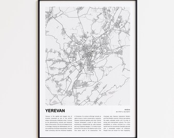 Kaart afdrukken van Jerevan, reiskaart van Jerevan, kunst aan de muur decor Jerevan, Jerevan, housewarmingcadeau