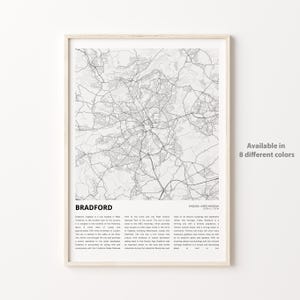 Bradford-kaartafdruk, Bradford-reiskaart, Bradford-muurdecoratiekunst, Bradford Engeland, housewarmingcadeau