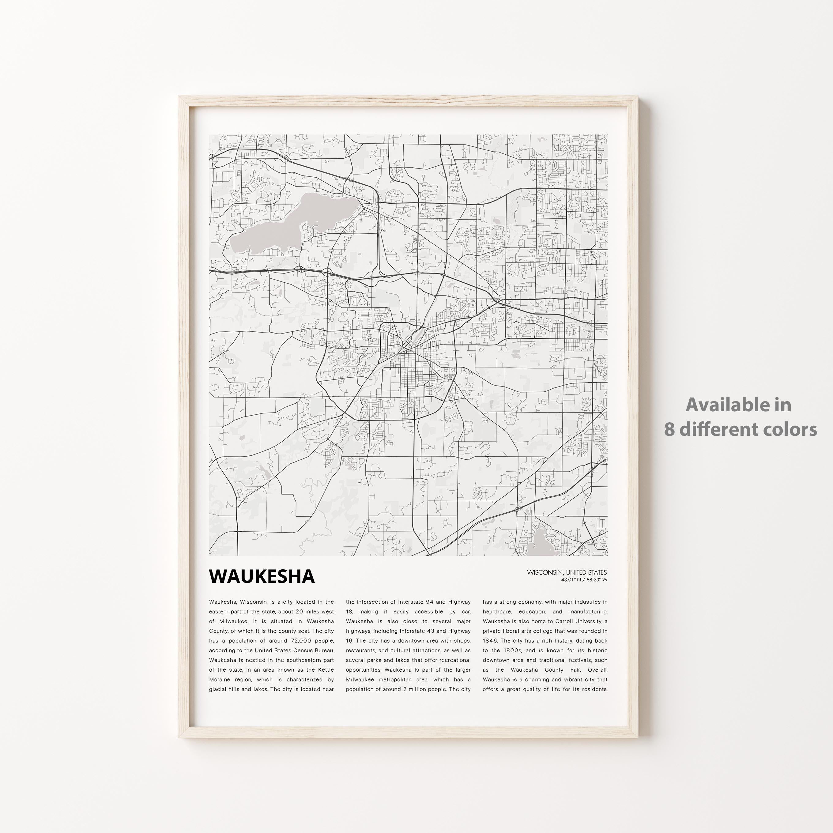 Waukesha Map Print, Waukesha Travel Map, Waukesha Wall Decor Art, Waukesha Wisconsin, Housewarming Gift
