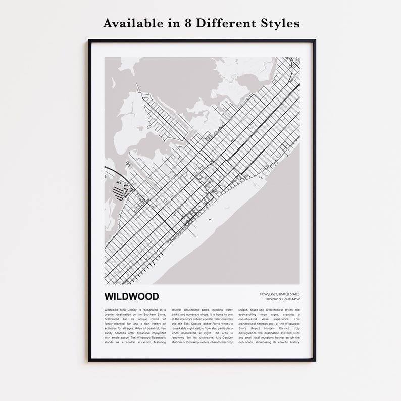 Wildwood Map Print, Wildwood Travel Map, Wildwood Wall Decor Art, Wildwood New Jersey, Housewarming Gift image 1
