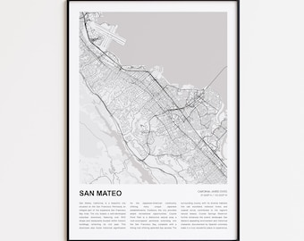 Mapa impreso de San Mateo, Mapa turístico de San Mateo, Arte decorativo para pared de San Mateo, San Mateo, California, Regalo para inauguración de casa