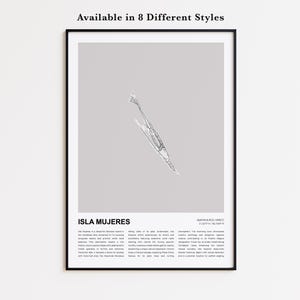 以下が含まれることがあります： 淡いグレーの背景に、メキシコのイスラ・ムヘレスの白黒イラストが描かれた額入りのアートプリント。「Available in 8 Different Styles」のテキストが上部にあります。