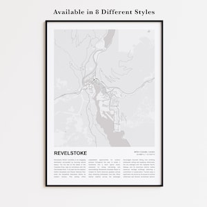 Pode incluir: Uma impressão emoldurada em preto e branco do mapa de Revelstoke, Colúmbia Britânica, Canadá. A impressão inclui o texto "Revelstoke" e "Disponível em 8 estilos diferentes". O mapa mostra o layout da cidade e o terreno circundante.