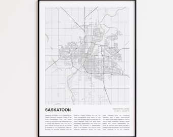 Mapa impreso de Saskatoon, Mapa turístico de Saskatoon, Arte decorativo de pared de Saskatoon, Saskatchewan, Saskatchewan, Regalo para inauguración de casa