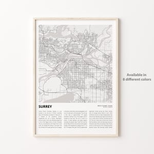 Impresión de mapas de Surrey, mapa de viajes de Surrey, arte de decoración de pared de Surrey, Surrey, Columbia Británica, regalo de inauguración de la casa