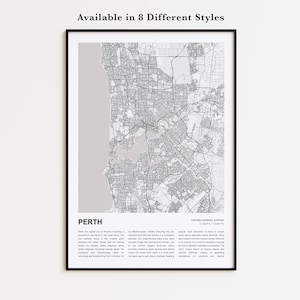 Mapa de Perth impreso, Mapa turístico de Perth, Arte decorativo de pared de Perth, Perth, Australia Occidental, Regalo de inauguración de casa