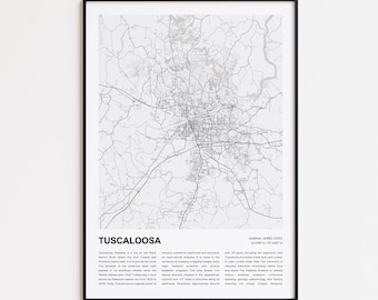 Tuscaloosa Map Print, Tuscaloosa Travel Map, Tuscaloosa Wall Decor Art, Tuscaloosa Alabama, Housewarming Gift