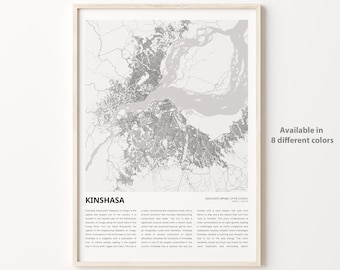 Kinshasa Map Print, Kinshasa Travel Map, Kinshasa Wall Decor Art, Kinshasa , Housewarming Gift