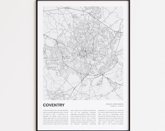 Coventry Map Print, Coventry Travel Map, Coventry Wall Decor Art, Coventry England, Housewarming Gift