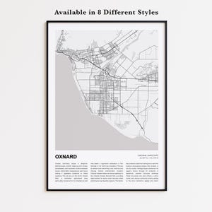 Wydruk mapy Oxnard, Mapa podróży Oxnard, Dekoracja ścienna Oxnard, Oxnard w Kalifornii, Prezent na parapetówkę