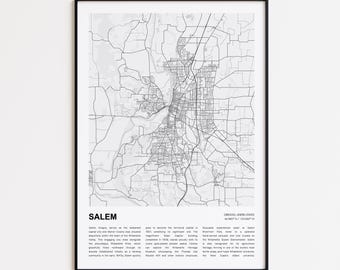 Mapa impreso de Salem, Mapa turístico de Salem, Arte decorativo de pared de Salem, Salem, Oregón, Regalo para inauguración de casa
