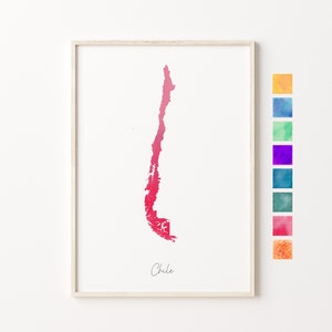 Carte aquarelle du Chili, impression pastel du Chili, art minimal du Chili, art mural du Chili, impression de carte du Chili, cadeau de pendaison de crémaillère, impression de carte du pays du Chili