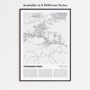 Mapa impreso de Thousand Oaks, Mapa turístico de Thousand Oaks, Arte decorativo para pared de Thousand Oaks, Thousand Oaks, California, Regalo para inauguración de casa