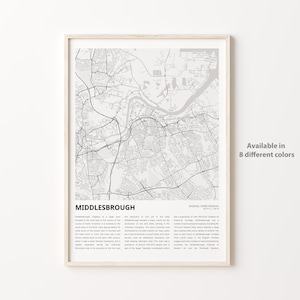 Midallsbrough Karte, Midallsbrough Map, Wanddekor-Kunst, Greenfee-Karte, England, Einweihungsparty-Geschenk