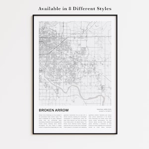 Mapa impreso de Broken Arrow, Mapa turístico de Broken Arrow, Arte decorativo de pared de Broken Arrow, Broken Arrow, Oklahoma, Regalo para inauguración de casa