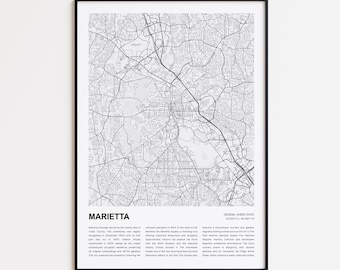 Wydruk mapy Marietty, Mapa podróży Marietty, Dekoracja ścienna Marietty, Marietta w stanie Georgia, Prezent na parapetówkę