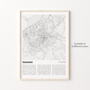 Roanoke Map Print, Roanoke Travel Map, Roanoke Wall Decor Art, Roanoke Virginia, Housewarming Gift