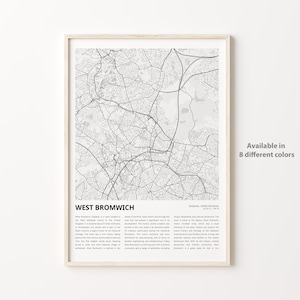 Impresión de mapa de West Bromwich, mapa de viaje de West Bromwich, arte de decoración de pared de West Bromwich, West Bromwich Inglaterra, regalo de inauguración de la casa