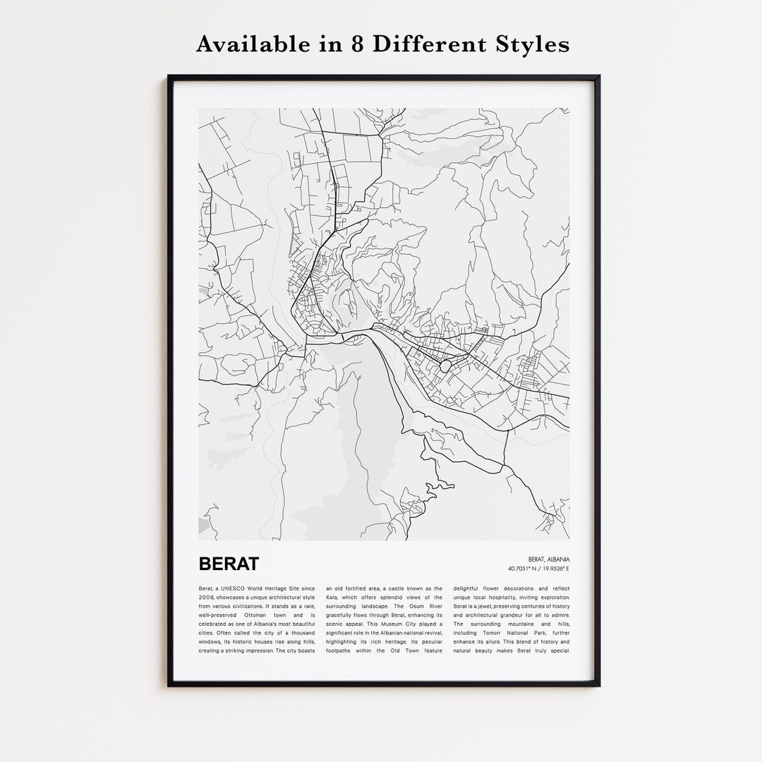 Berat Map Print, Berat Travel Map, Berat Wall Decor Art, Berat Berat ...