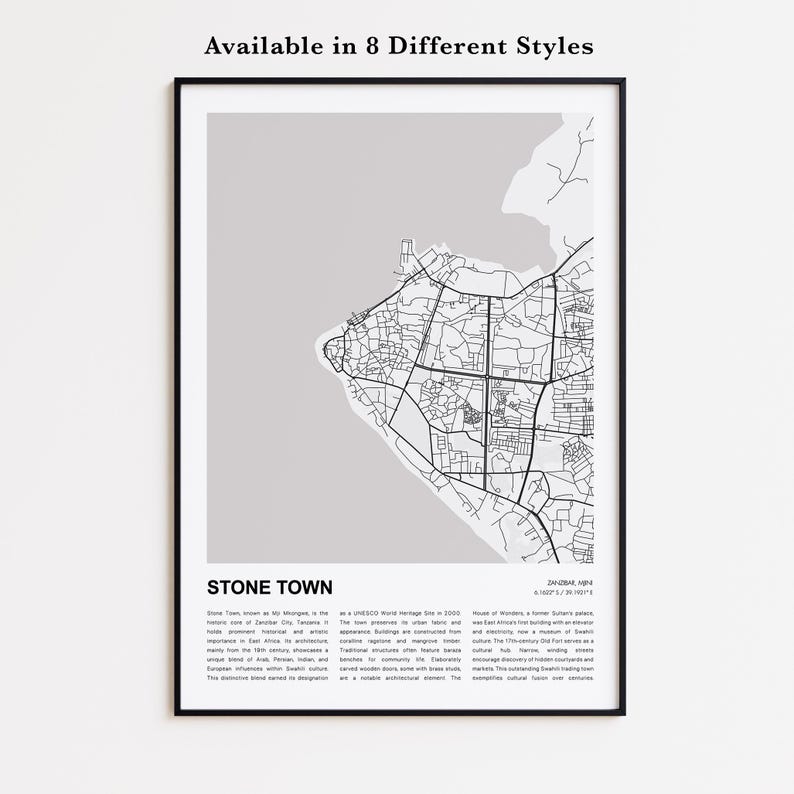 Stone Town Map Print, Stone Town Travel Map, Stone Town Wall Decor Art ...