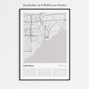 Mapa impreso de Capitola, Mapa turístico de Capitola, Arte decorativo de pared de Capitola, Capitola, California, Regalo para inauguración de casa