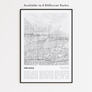 Mapa de Arcadia impreso, Mapa turístico de Arcadia, Arte decorativo de pared de Arcadia, Arcadia, California, Regalo de inauguración de casa