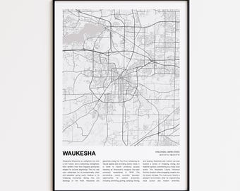 Waukesha Map Print, Waukesha Travel Map, Waukesha Wall Decor Art, Waukesha Wisconsin, Housewarming Gift