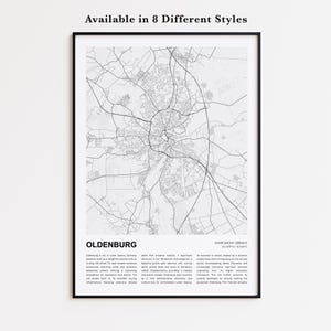 Mapa de Oldenburg para imprimir, Mapa turístico de Oldenburg, Arte decorativa de parede de Oldenburg, Oldenburg, Baixa Saxônia, Presente de boas-vindas