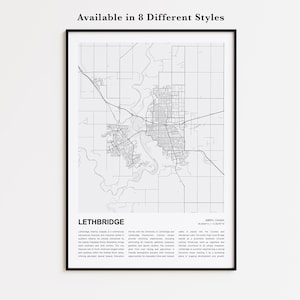 Mapa impreso de Lethbridge, Mapa turístico de Lethbridge, Arte decorativo de pared de Lethbridge, Lethbridge, Alberta, Regalo para inauguración de casa