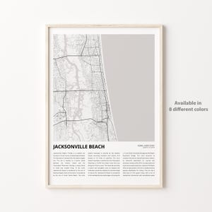 Jacksonville Beach kaart afdrukken, Jacksonville Beach reiskaart, Jacksonville Beach muur decor kunst, Jacksonville Beach, Florida