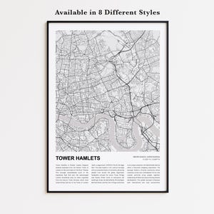 Mapa impreso de Tower Hamlets, Mapa turístico de Tower Hamlets, Decoración de pared de Tower Hamlets, Tower Hamlets, Gran Londres, Regalo de inauguración de casa