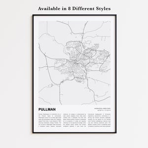 Mapa de Pullman impresso, mapa turístico de Pullman, arte decorativa de parede de Pullman, Pullman, Washington, presente de boas-vindas