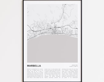 Marbella kaartprint, Marbella reiskaart, Marbella muur decor kunst, Marbella Málaga, housewarmingcadeau
