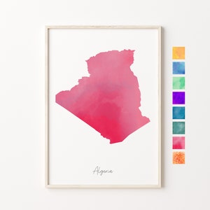 Carte aquarelle Algérie, impression pastel Algérie, carte minimale Algérie, art mural Algérie, cadeau carte Algérie, impression pays Algérie, cadeau pour elle