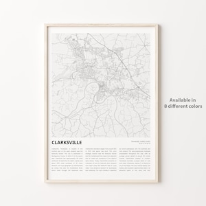 Impresión de mapas de Clarksville, mapa de viajes de Clarksville, arte de decoración de pared de Clarksville, Clarksville Tennessee, regalo de inauguración de la casa