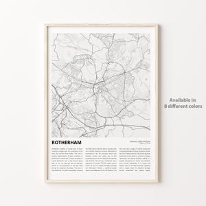 Rotherham-kaartafdruk, Rotherham-reiskaart, Rotherham-muurdecoratiekunst, Rotherham Engeland, housewarmingcadeau