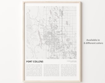 Fort Collins Map Print, Fort Collins Travel Map, Fort Collins Wall Decor Art, Fort Collins Colorado, Housewarming Gift