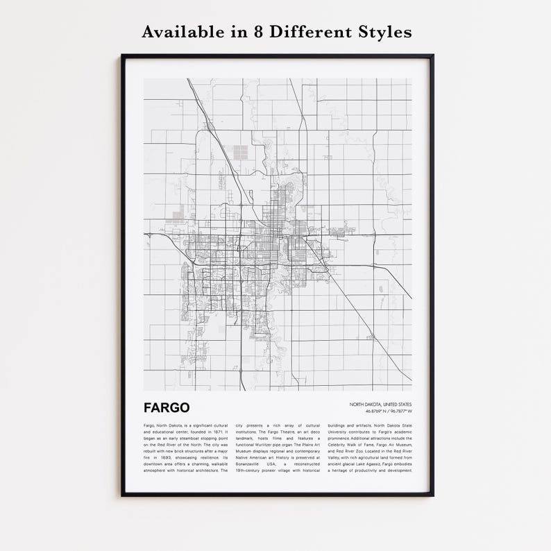 Fargo Map Print, Fargo Travel Map, Fargo Wall Decor Art, Fargo North Dakota, Housewarming Gift image 1