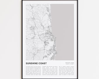 Sunshine Coast Map Print, Sunshine Coast Travel Map, Sunshine Coast Wall Decor Art, Sunshine Coast Queensland, Housewarming Gift