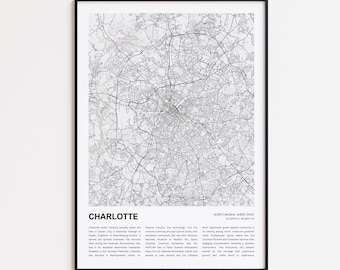 Charlotte Map Print, Charlotte Travel Map, Charlotte Wall Decor Art, Charlotte North Carolina, Housewarming Gift