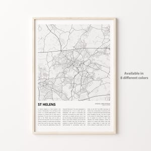 St. Helens-kaartafdruk, St. Helens-reiskaart, St. Helens-muurdecoratiekunst, St. Helens-Engeland, housewarmingcadeau