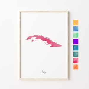 Carte aquarelle de Cuba, impression pastel de Cuba, art minimal de Cuba, art mural Cuba, impression de carte de Cuba, cadeau de pendaison de crémaillère, carte colorée du pays de Cuba