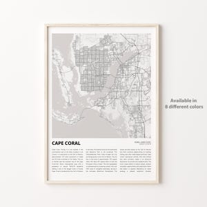 Cape Coral-kaartafdruk, Cape Coral-reiskaart, Cape Coral-muurdecoratiekunst, Cape Coral Florida, housewarmingcadeau