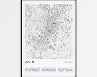 Austin Map Print, Austin Travel Map, Austin Wall Decor Art, Austin Texas, Housewarming Gift  Personalized Map poster print