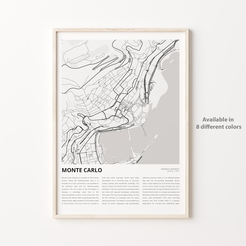 Monte Carlo Map Print, Monte Carlo Travel Map, Monte Carlo Wall Decor ...